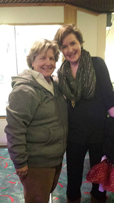 Wales Arts Review mentor scheme participant Sian Williams meets stand-up comedian and author Sandi Toksvig backstage after a performance at St. David's Hal