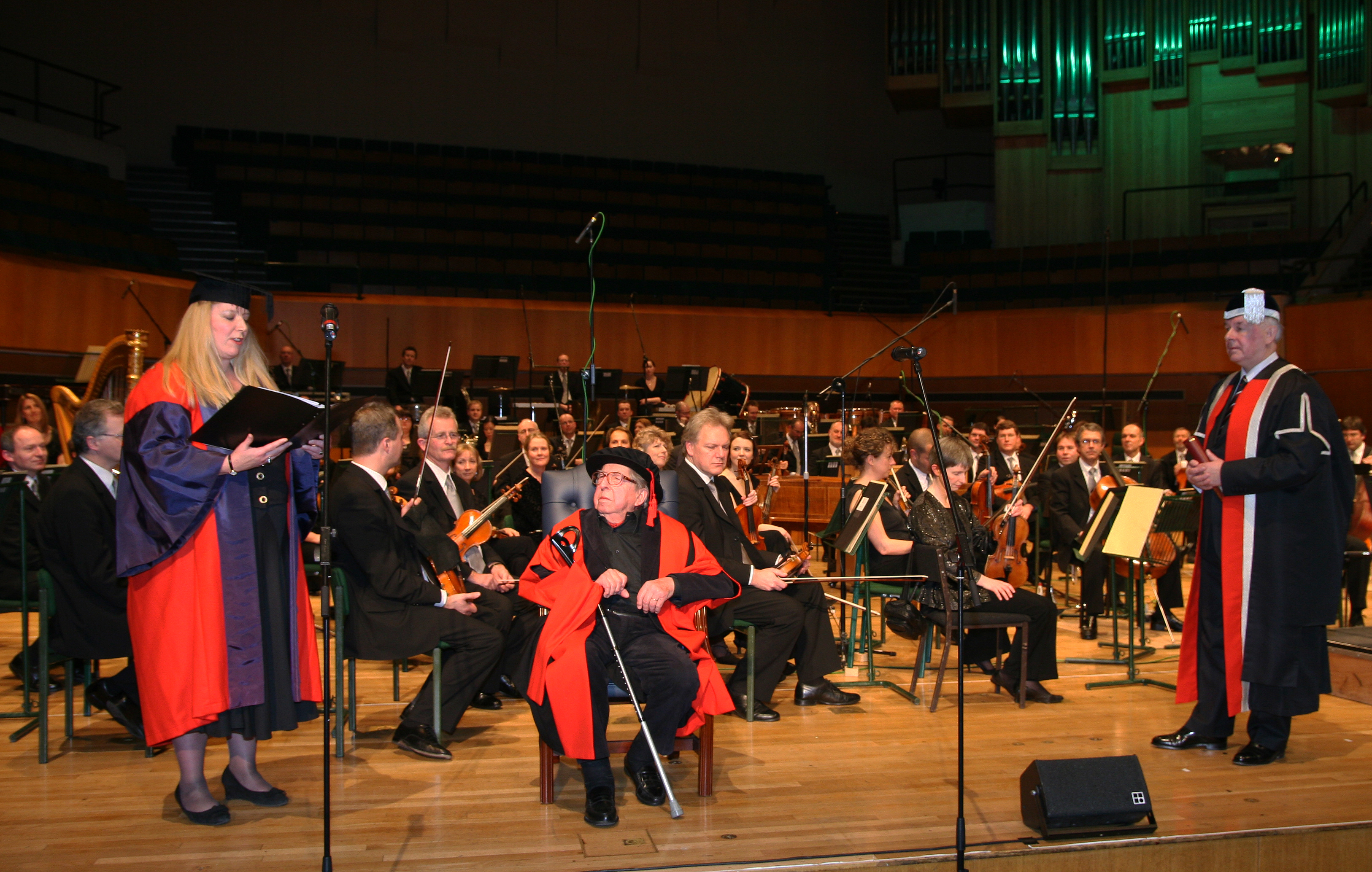  Henri Dutilleux receiving his Honorary Fellowship from Cardiff University at St David's Hall, 2008. (left to right: Caroline Rae, Henri Dutilleux, Vice-Chancellor Dr David Grant & BBC NOW © Peter Whittaker