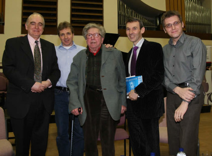 Left to right: Roger Nichols, Thierry Fischer, Henri Dutilleux, Jeremy Huw Williams, Kenneth Hesketh - Photo: Peter Whittaker