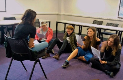 Director Lata Nobes and Actors Dyfed Cynon, Dafydd Elliot, Abigail Fitzgerald and Sarah Madden rehearsing Holly Fry's script Warlines
