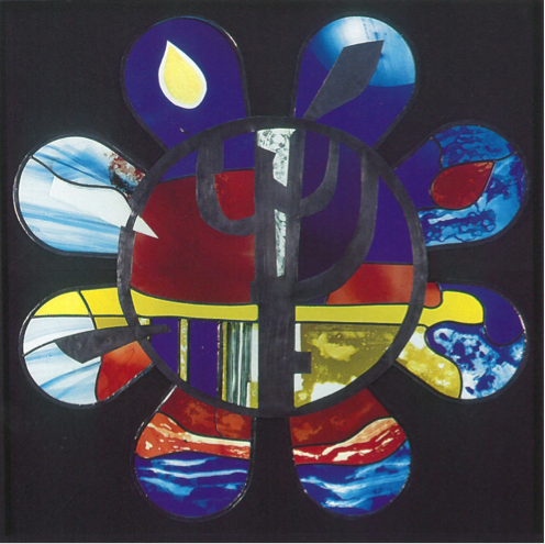 Glenys Cour and Lisa Burkl, Stained Glass Rose Window, 1992, stained glass, 125 x 125. City & County of Swansea: Glynn Vivian Art Gallery Collection