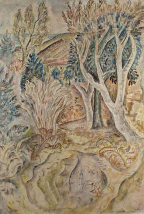David Jones, Farm through Trees, c. 1926, watercolour and gouache, 55x37cm