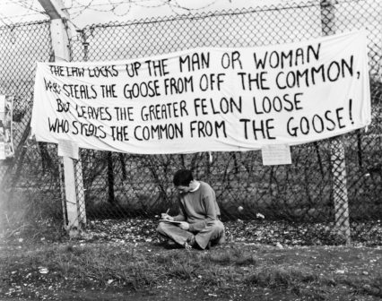 The Greenham women used their campaigns, court cases and even the fence around the base to draw attention to injustices and discrepancies in the law between rich and poor, weak and powerful. (Bridget Boudewijn) 
