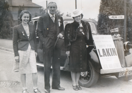 Lakin, Vera and Bridget with car in 1942 election campaign.tif